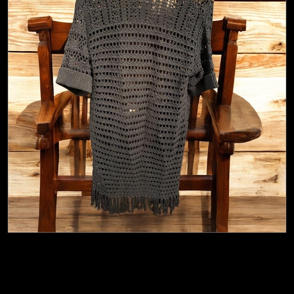 Chico Long Cardigan Size 1 Open Front Fringe Crochet Black - Picture 3 of 3